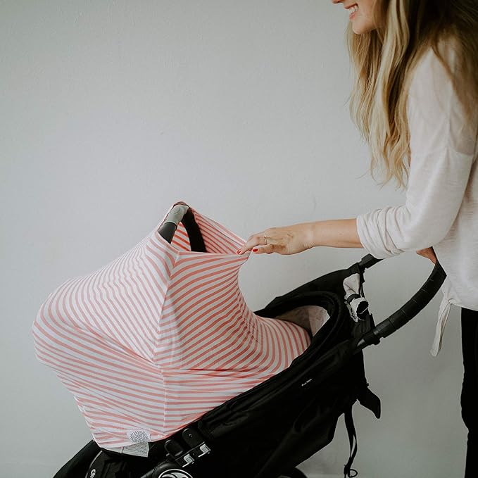 Parker Baby 4 in 1 Car Seat Cover for Boys - Stretchy Carseat Canopy, Nursing Cover, Grocery Cart Cover, High Chair Cover - Navy/White Stripes