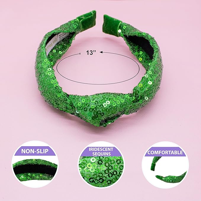 FROG SAC St. Patrick's Day Knot Headband for Girls, Green Sequin Knotted Hair Band Accessories for Kids, Sparkly Iridescent Little Girl Headbands for Children, Cute Sparkle Head Band