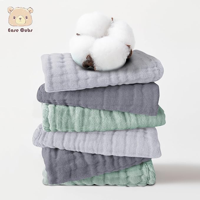 Ease Cubs 12 Pack Muslin Washcloths for Baby - 100% Cotton Baby Wash Cloths for or Baby Face Body Comfy and Soft for Newborn Infants Kids Girls and Boys - 12"x12" - Grey, Green and Slate