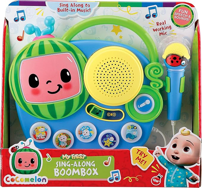 EKids Cocomelon Toy Singalong Boombox with Microphone for Toddlers and Young Children, Built-in Music and Flashing Lights, for Fans of Cocomelon Toys and Gifts