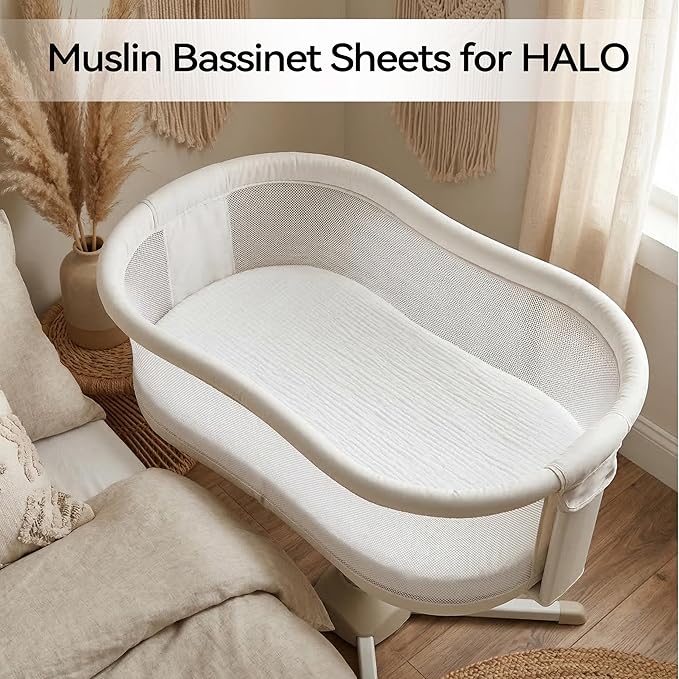 Muslin Bassinet Sheet Compatible with Halo BassiNest Swivel Sleeper - 100% Cotton Hourglass & Peanut Shape Mattress Pad Cover (30"x18"), Breathable & Soft, Boho (1 Pack White)