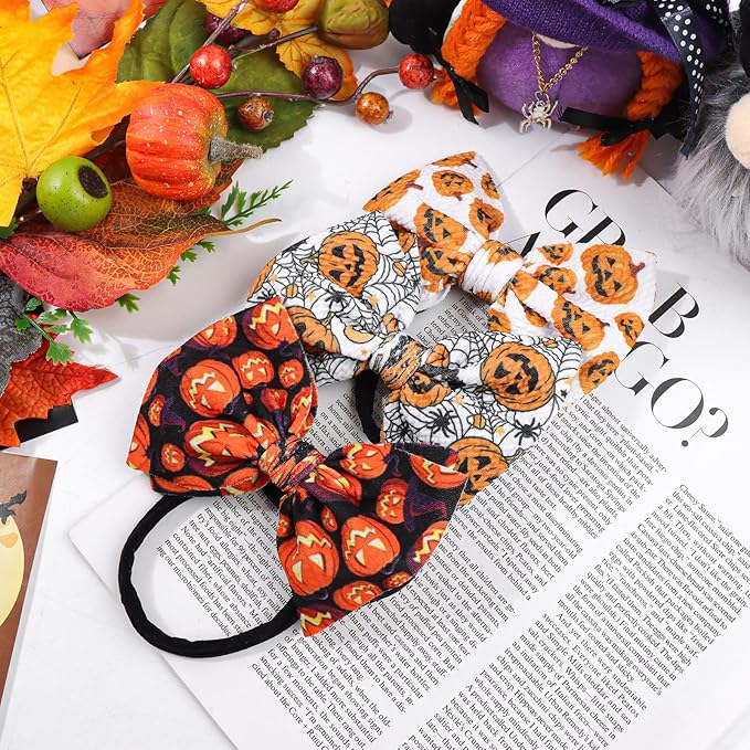 Halloween Baby Girl Headbands with Bows for Newborn Orange Hair Bow Hair Accessories Elastic Nylon Halloween Hairbands 3 PCS
