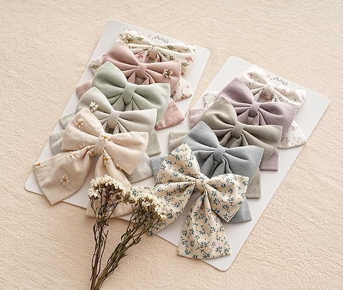 Hair Bows with Hair Clips for Girls Toddler Baby,Handmade 5" Flower Print Embroider Big Bows,FANCY CLOUDS Boutique Hair Accessorioes Gifts for School Kids