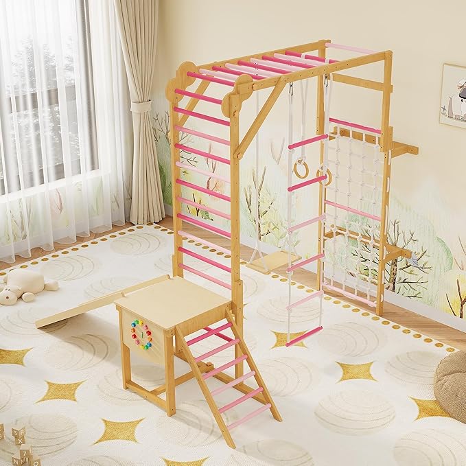 PeakPursuit 8-in-1 Indoor Jungle Gym for Kids Ages 3-10, Wooden Climbing Structure with Slide, Swing, Monkey Bars, Gymnastic Rings, Climbing Rope – Indoor Playground Toy – Natural Wood Pink