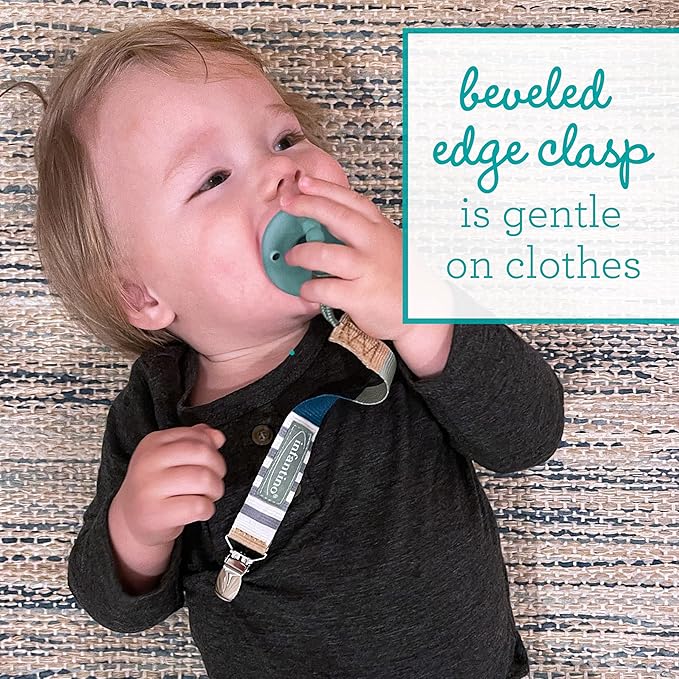 Infantino 3-Pack Pacifier Clip Holders, Universal Fit, Gentle on Clothes, Keeps Pacifiers Clean & Close, Ages 0-36 Months, Geometric Blue
