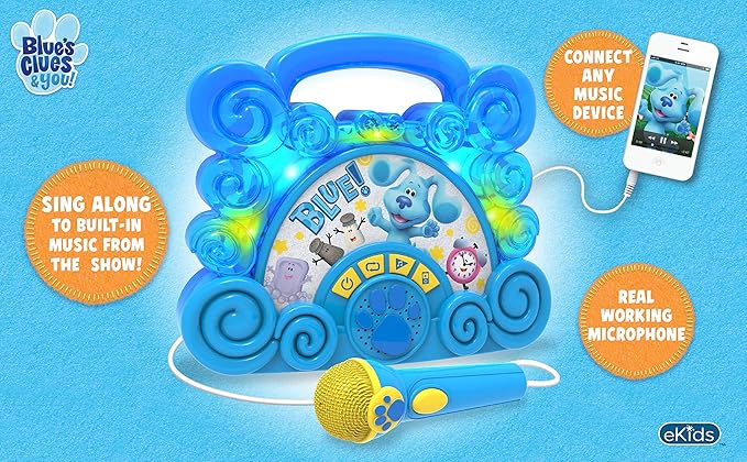 eKids Blues Clues Toy Sing Along Boombox for Kids, Musical Toy for Toddlers, Kids Boombox with Microphone and Built-in Music, Connects to Mp3 Player Aux in Audio Device