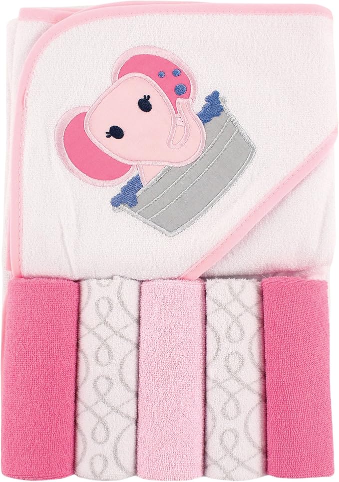 Luvable Friends Unisex Baby Hooded Towel with Five Washcloths, Pink Elephant, One Size