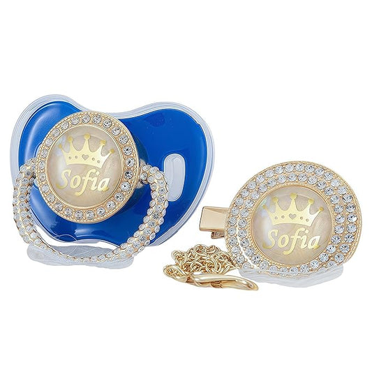 Personalized Name Anniversary All Bling Pacifier and Clip Set Gold Plated New Born Gift Photography No for Daily Use (Metallic Blue)