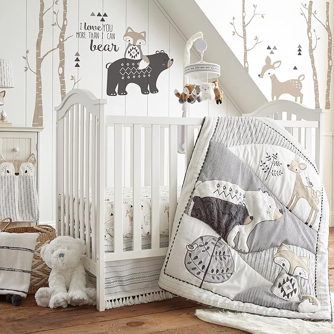 Levtex Baby - Bailey Bear Crib Fitted Sheet - Fits Standard Crib and Toddler Mattress - Tossed Bear, Fox and Deer - Black, Tan and White - Nursery Accessories - 100% Cotton