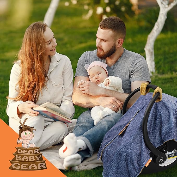 Dear Baby Gear Car Seat Cover for Boys & Girls - Baby Carseat Canopy w/Snap Opening - Infant Seat Cover - Nursing Covers - Newborn Carrier Canopy -40x30"(Highland Cow on Denim, Smooth Khaki)