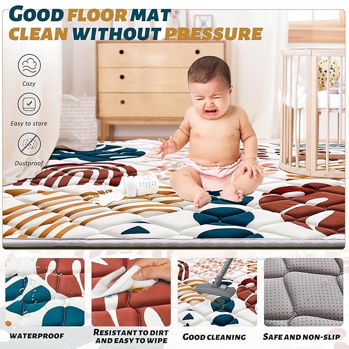 Baby Play Mats for Floor, Playpen Mat for Babies, Extra Thicker & Soft Floor Crawling Mat, Foldable Non-Slip Playmat Cushioned for Infants Toddlers (Brown, 59x59 Inch)