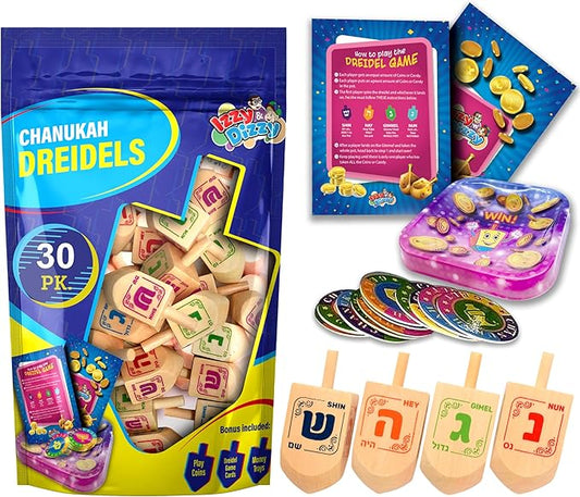 Izzy 'n' Dizzy Medium Wood Dreidels with Classic Chanukah Spinning Draidel Game, Gift and Prize - Bulk (Pack of 30)