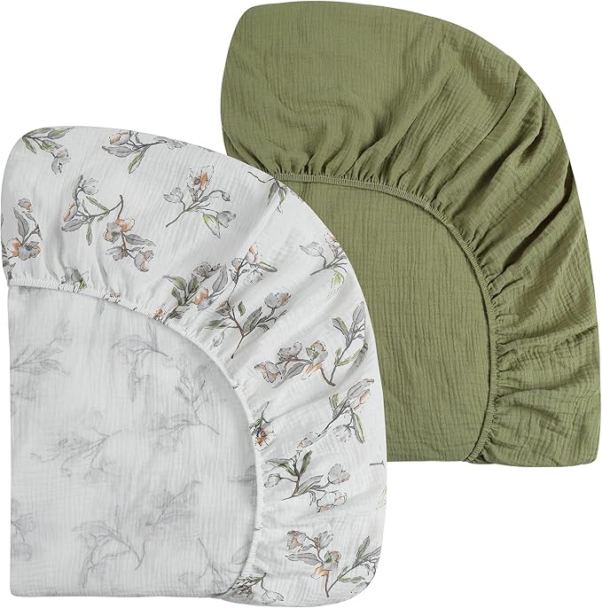 Onacosht Muslin Mini Crib Sheets, 39" x 27" Pack and Play Mattress Sheets Fitted for Pack N Play, Soft Cotton for Boys Girls, 2 Pack, Leaf and Yellowish Green