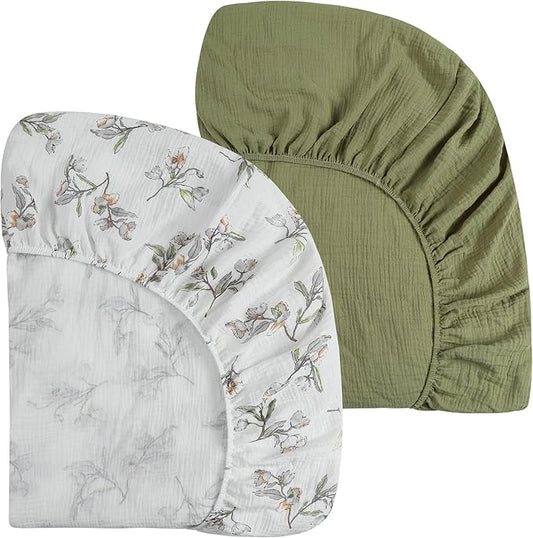 Onacosht Muslin Crib Sheets for Boys Girls, Soft Breathable 100% Cotton Baby Fitted Sheet 52" x 28" for Standard Toddler Crib Mattress, 2 Pack, Leaf and Yellowish Green