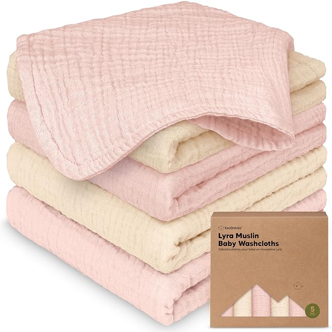 5-Pack Muslin Baby Washcloths for Newborn – 12x12 Soft Absorbent Organic Cotton Muslin Wash Cloths for Babies Girl, Boy, Infant, Toddlers, Kids Face Towel, Bath Essentials, Baby Burp Rags (Cameo)