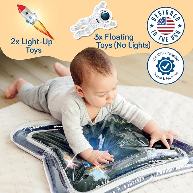 SplashEZ Lights Up Tummy Time Water Mat for Babies, Large Baby Water Mat Tummy Time for Sensory Play with LED Glowing Fishes, Inflatable Fun Play Pad for Infants & Toddlers 3 to 36 mo