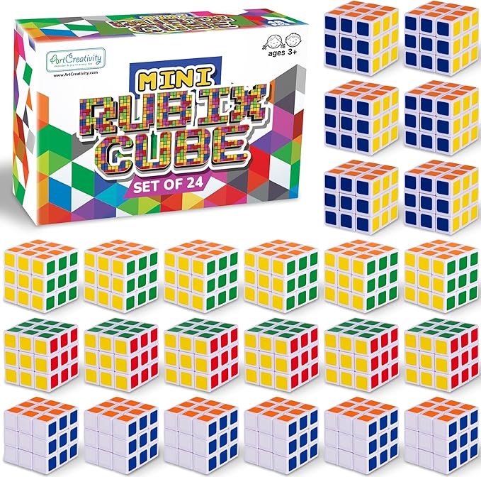 ArtCreativity Mini 3x3 Puzzle Cubes - 24 Pack - Ultra Portable Fidget Cubes for Kids and Adults - 3D Puzzle for Fidgeting, Stress Relief, and Learning - Fidget Party Favors and Goodie Bag Fillers