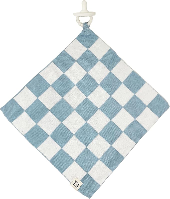 L+L USA Checkered Baby Lovey 100% Organic Cotton Knit Pacifier/Teether Holder 11"x11" - DreamSoft Cuddly Soothie Mini Comfort Blanket - Newborn Gift Essential Babies, Toddlers Boys Girls (Blue/White)