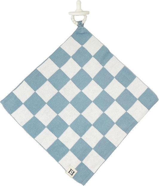 L+L USA Checkered Baby Lovey 100% Organic Cotton Knit Pacifier/Teether Holder 11"x11" - DreamSoft Cuddly Soothie Mini Comfort Blanket - Newborn Gift Essential Babies, Toddlers Boys Girls (Blue/White)