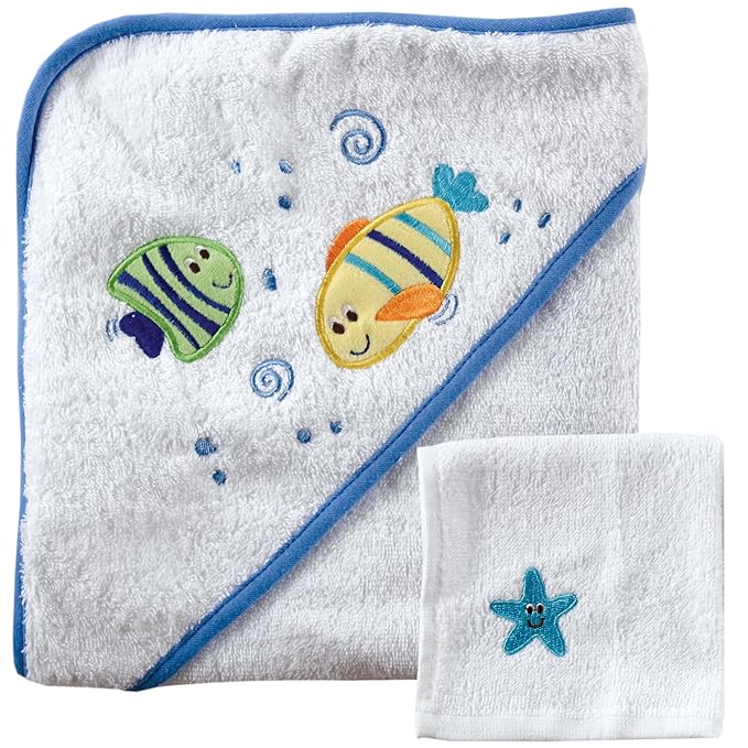 Luvable Friends Unisex Baby Cotton Hooded Towel and Washcloth, Blue, One Size