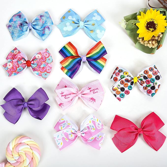12 Pcs 5 Inch Hair Bows for Girls,Colorful Rainbow Heart Girls Hair Bows Grosgrain Ribbon Hair Bow With Alligator Clips for Toddlers Little Girl Children Kids Teens