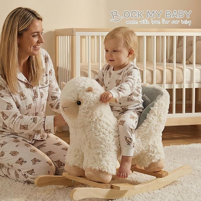 Rock My Baby Baby Rocking Horse Alpaca Llama with Chair, Plush Stuffed Animal Rocker for Toddlers 1-3, Wooden Rocking Toy Llama Animal, Cream Llama,CPC Certified