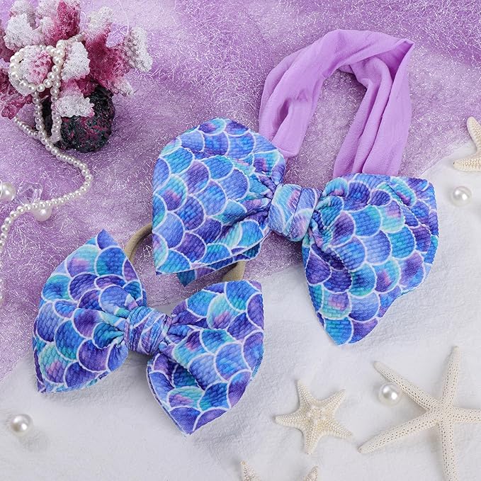 4.5'' Baby Bows Handmade Headbands 6'' Printed Tied Bow Elastic Nylon Hair Accessories for Baby Girls Newborn Infant 2 Pcs mermaid