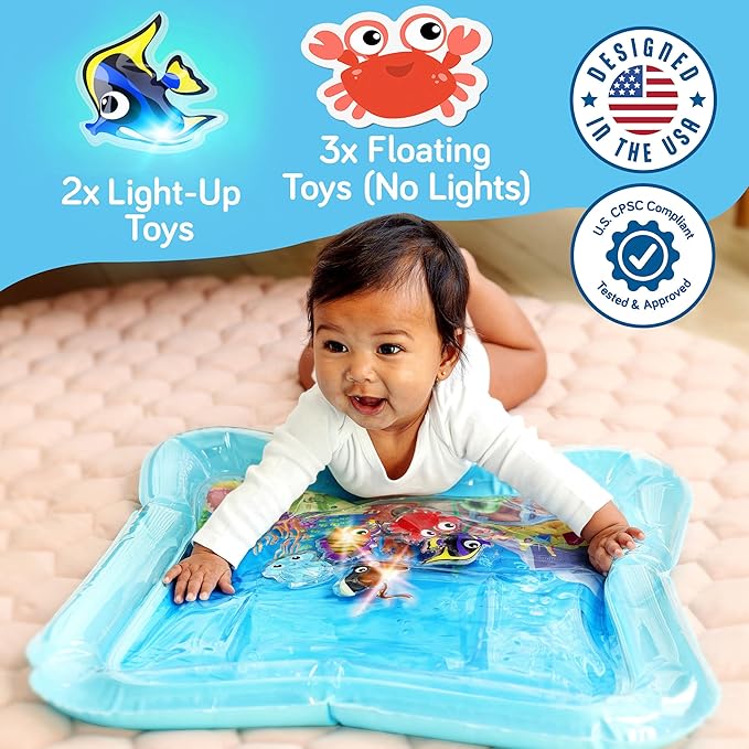 SplashEZ Lights Up Tummy Time Water Mat for Babies, Large Baby Water Mat Tummy Time for Sensory Play with LED Glowing Fishes, Inflatable Fun Play Pad for Infants & Toddlers 3 to 36 mo