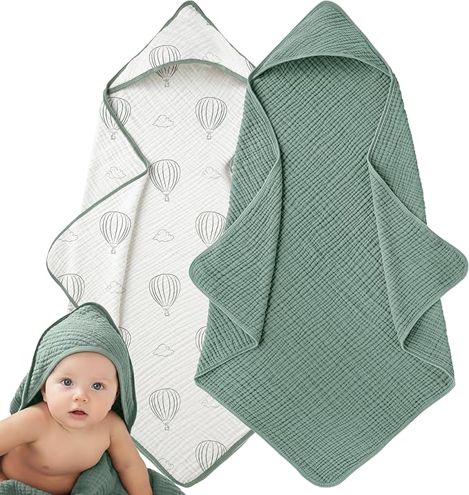 Muslin Hooded Baby Towels for Newborns, 32"x32", 100% Cotton – 6 Layers Super Soft Absorbent Breathable, Baby Bath Towel, Toddler Bath Towel – Pack of 2