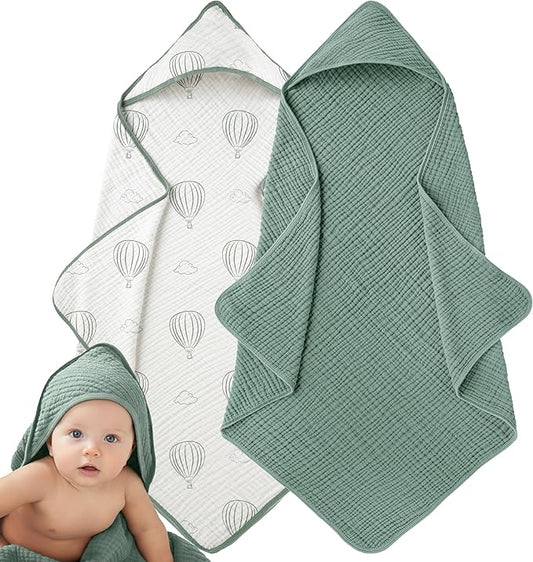 Muslin Hooded Baby Towels for Newborns, 32"x32", 100% Cotton – 6 Layers Super Soft Absorbent Breathable, Baby Bath Towel, Toddler Bath Towel – Pack of 2