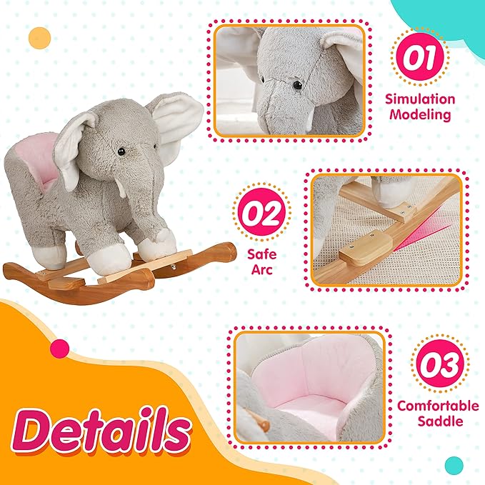 Baby Rocking Horse Wooden Rockers with Seat Elephant Rocking Horse Ride Plush Stuffed Animals Toy for Toddlers 1-3 (Gray，Elephant)