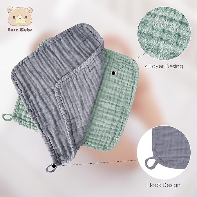 Ease Cubs 12 Pack Muslin Washcloths for Baby - 100% Cotton Baby Wash Cloths for or Baby Face Body Comfy and Soft for Newborn Infants Kids Girls and Boys - 12"x12" - Grey, Green and Slate