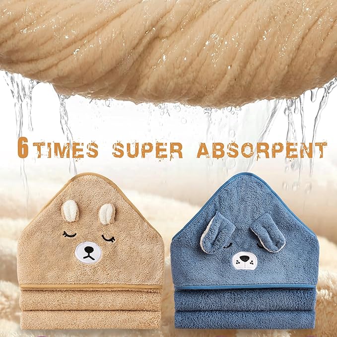 Hooded Towel for Baby, 2 Pack Coral Fleece and 9 Baby Washcloths, Soft and Absorbent Baby Towels Large 35.5x35.5 Inch Shower Towel Gift for Newborns, Infants and Toddlers (Navy Blue Dog+Brown Bear)