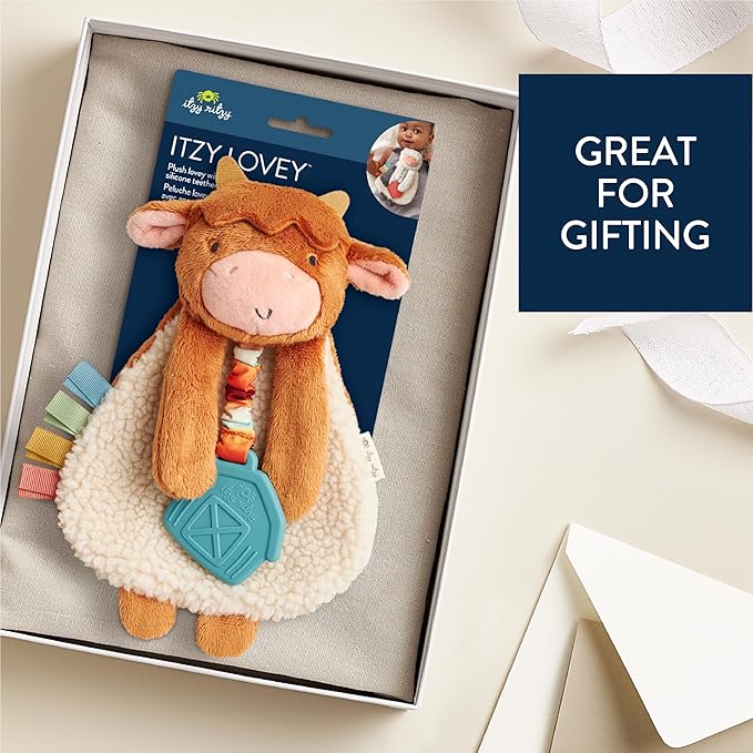 Itzy Ritzy - Itzy Lovey Including Teether - Baby Lovey with Teether, Textured Ribbons & Dangle Arms - Features Crinkle Sound, Sherpa Fabric and Minky Plush (Highland Cow)