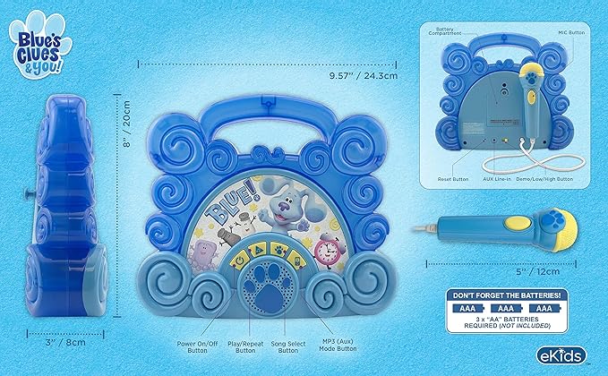 eKids Blues Clues Toy Sing Along Boombox for Kids, Musical Toy for Toddlers, Kids Boombox with Microphone and Built-in Music, Connects to Mp3 Player Aux in Audio Device