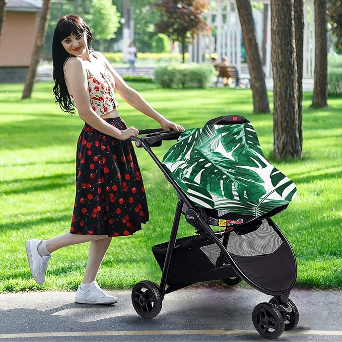 Palm Leaf Tropical Jungle Monstera Leaves Floral Pattern Print Stretchy Baby Car Seat Cover Infant Canopy Nursing Covers Breastfeeding Cover Breathable Windproof Winter Scarf for Boys Girls