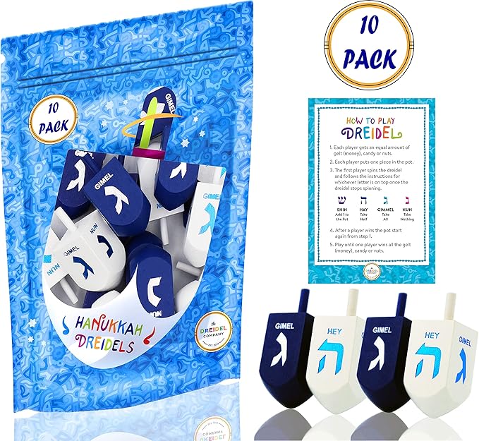 Hanukkah Dreidel 10-Pack Extra Large Blue & White 3" Inch Wooden Dreidels Hand Painted, Includes Game Instruction Cards! (10-Pack XL Dreidels)