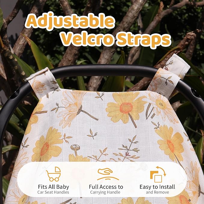 Metplus Car Seat Cover Baby Girl, 100% Muslin Cotton Infant Carseat Covers, Lightweight Breathable Car Seat Canopy, Summer Stroller Sun Shade, Newborn Travel Essentials