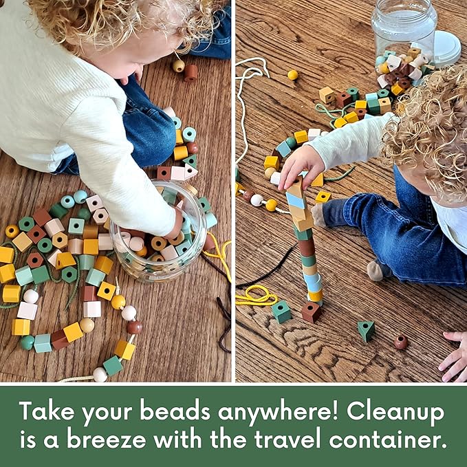 Wooden Lacing Beads & Strings 125 Pieces, Fine Motor Skills Toys for 3 Year Old, Boho Colors