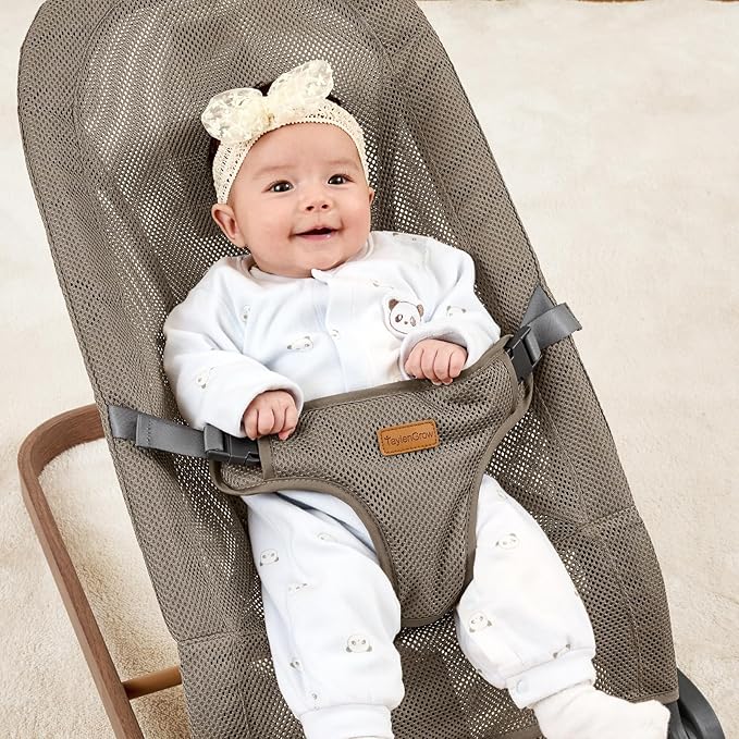 Foldable Baby Bouncer, Baby Bouncer Seat with 3 Adjustable Heights, Portable Newborn Rocker, Ergonomic Bouncer Seat for Natural Bounce, Bouncer for Babies 0-6 Months, Breathable Mesh (Light Brown)