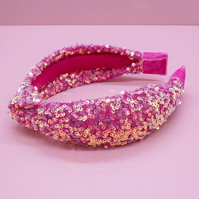 FROG SAC Sequin Knot Headband for Girls, Pink Knotted Hair Bands Accessories for Kids, Sparkly Iridescent Little Girl Headbands, Cute Fashion Hairbands for Tweens Stocking Stuffers for Children