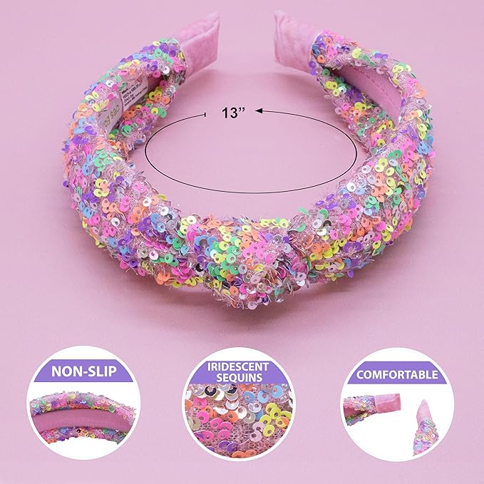 FROG SAC Knotted Headbands for Girls - Rainbow Sequin Knot Head Bands for Kids, Sparkly Toddler Headband, Sparkle Beaded Hair Band Accessories, Easter Basket Fillers Stocking Stuffers