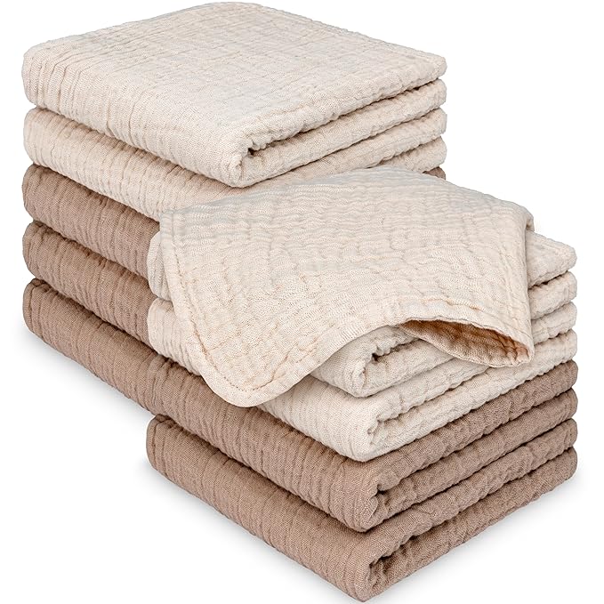 10-Pack Muslin Baby Washcloths for Newborn – 12x12" Soft Absorbent Organic Cotton Muslin Wash Cloths for Babies Girl, Boy, Infant, Toddlers, Kids Face Towel, Bath Essentials, Baby Burp Rags (Ecru)