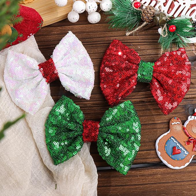 Christmas Hair Accessories - Sequins Bows Alligator Clips with Clips for Girls, Women, Toddlers in Red, White, Green