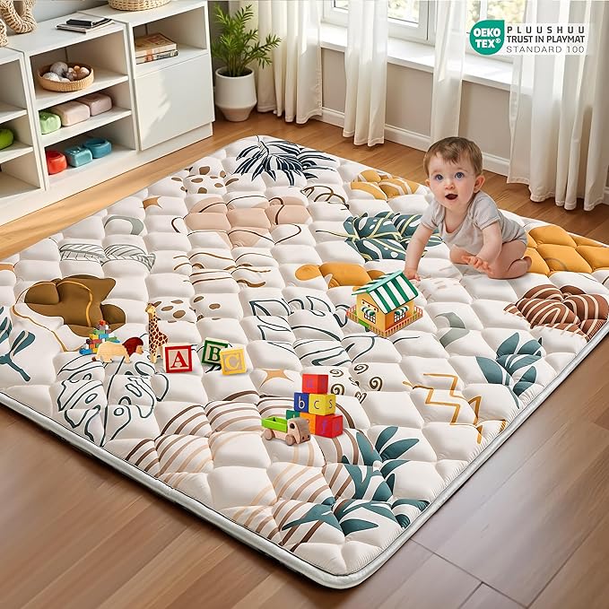 Baby Play Mats for Floor, Playpen Mat for Babies, Extra Thicker & Soft Floor Crawling Mat, Foldable Non-Slip Playmat Cushioned for Infants Toddlers (Brown-B, 50x50 Inch)