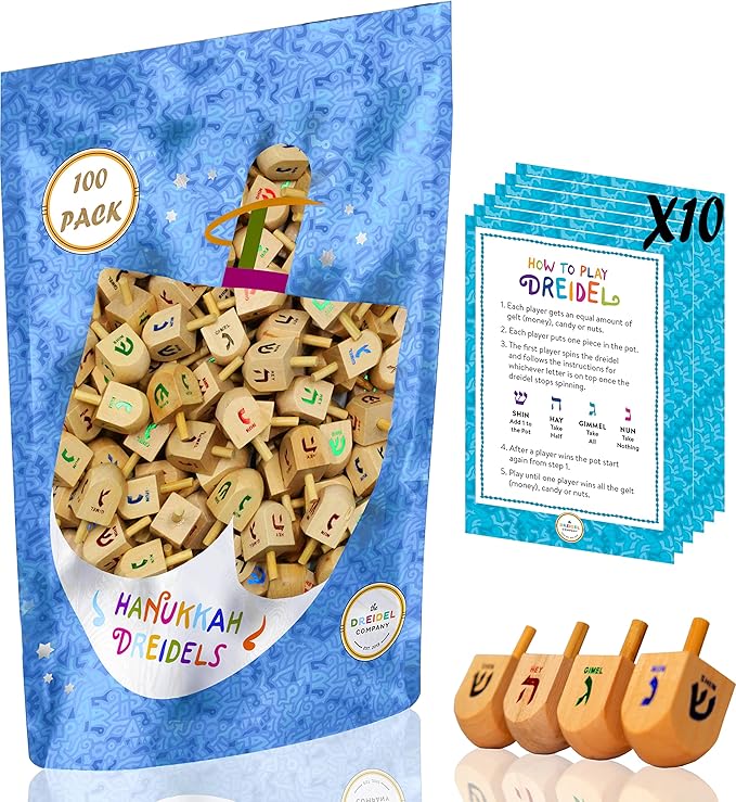 100 Natural Wood Dreidels Hanukkah Draydel with English Transliteration & 10 Instruction Cards