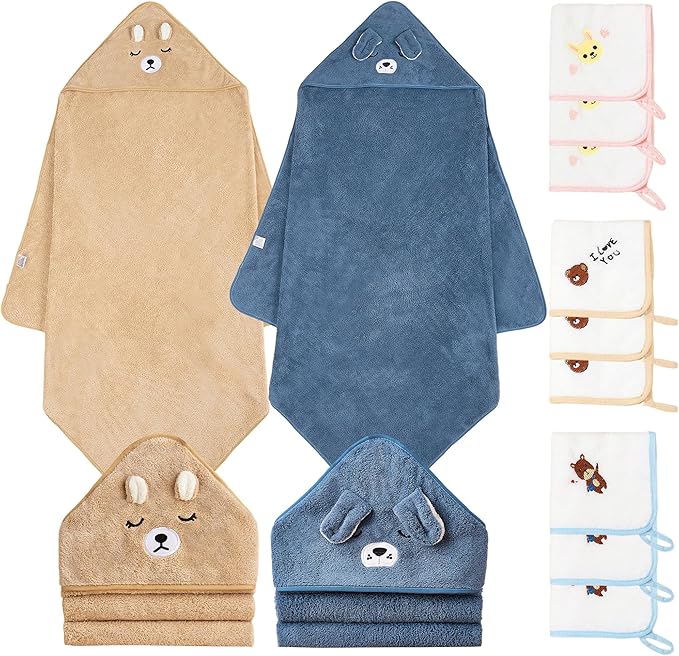 Hooded Towel for Baby, 2 Pack Coral Fleece and 9 Baby Washcloths, Soft and Absorbent Baby Towels Large 35.5x35.5 Inch Shower Towel Gift for Newborns, Infants and Toddlers (Navy Blue Dog+Brown Bear)