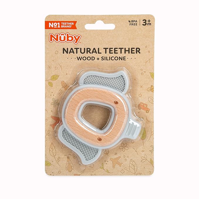 Nuby Natural Wood & Silicone Teether: Elephant, 3M+, Gray