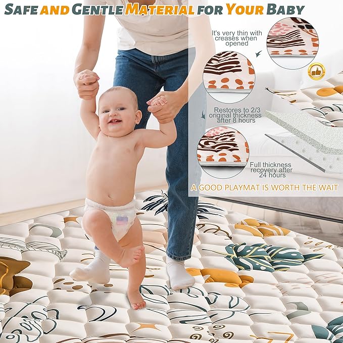 Baby Play Mats for Floor, Playpen Mat for Babies, Extra Thicker & Soft Floor Crawling Mat, Foldable Non-Slip Playmat Cushioned for Infants Toddlers (Brown-B, 50x50 Inch)