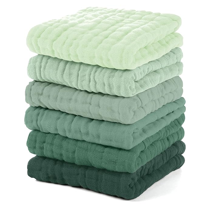 Unnivoll Muslin Burp Cloths Baby 12''X12'', Baby Washcloths 6 Pack, 100% Cotton Baby Wash Cloths Absorbent and Soft for Newborn Infants Kids Boys Girls - Gradient Green